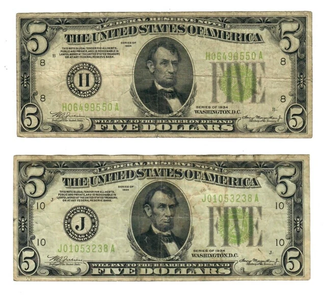 Two 1934 $5 Federal Reserve Notes LGS St. Louis & Kansas City