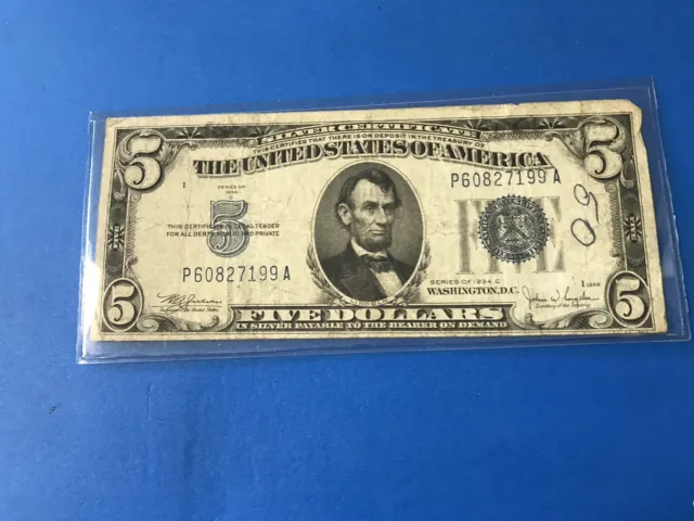 1934 C Blue Seal $5 Five Dollar Silver Certificate .....Lot #31