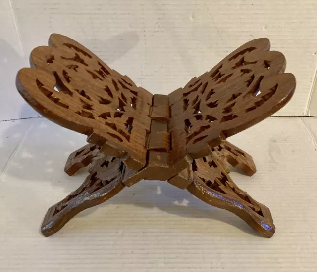 Vintage Wood Leaf Book Holder Folding Bible Cookbook Stand Hand Carved