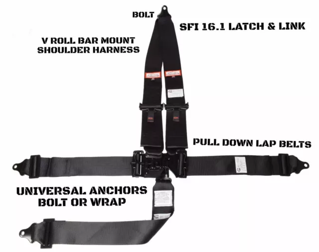 Scca Racing Harness Belt V Roll Bar Mount Sfi 16.1 Latch & Link 5 Point Black