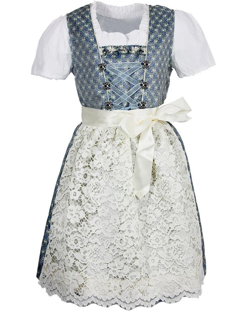 Isar-Trachten Bambini Dirndl " Sarah " 3-tlg. Con Blusa Spitzenschürze 63202 Blu