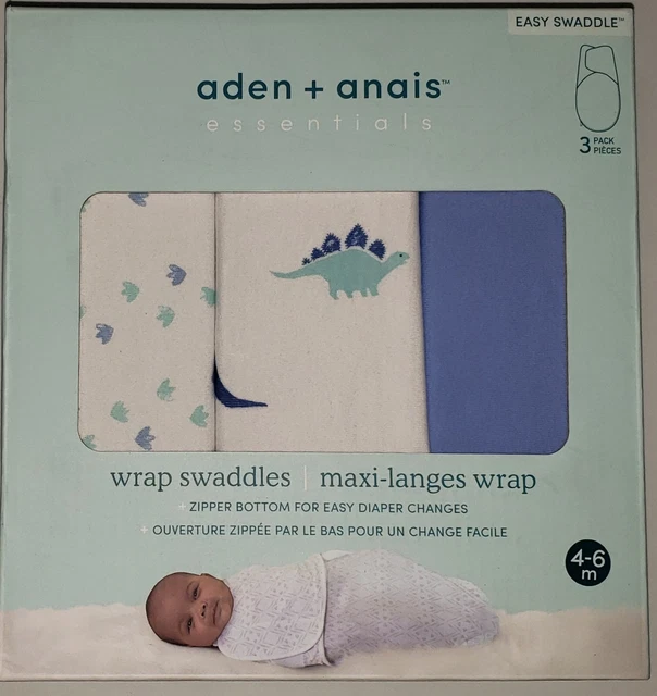 Paquete de 3 envolturas fáciles de envolver aden+anais DINO-RAMA 100% algodón talla 4-6mos - TOTALMENTE NUEVO