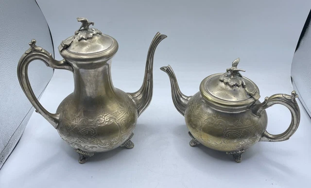 Tea &  Coffee Pot Set EPNS Silver Plated Vintage 1910 Engraved Eagle Top Lids