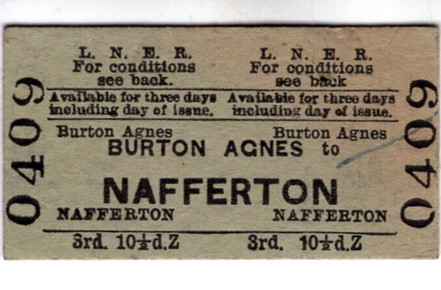 Lner Tickets RAILWAY TICKET: L.N.E.R.: Burton Agnes to Nafferton, 1954 £3.80 ...