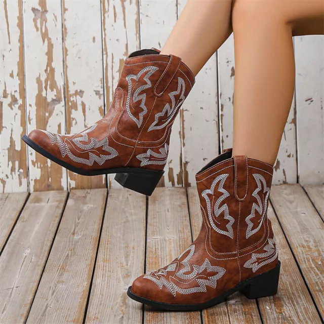 Women's Retro Block Heels Embroidered Western Cowboy Pointed Toe Ankle Boots