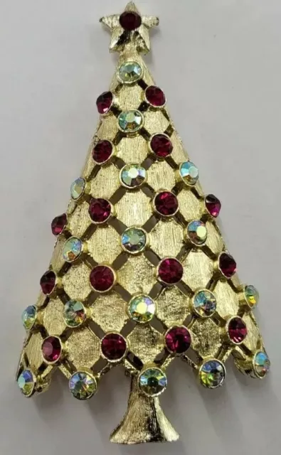 Vintage Mylu Christmas Tree Brooch W Red & Green Rhinestones 2.75" long