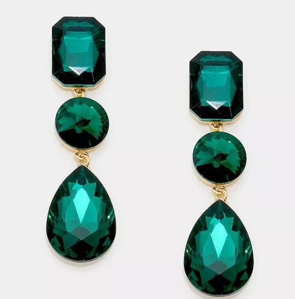 3" Green Big  Gold Long Rhinestone Crystal Pageant Dangle Earrings Formal