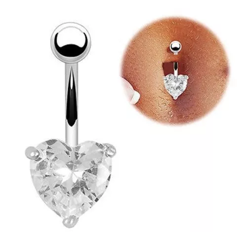 Crystal Heart Navel Bar Belly Button Ring 316L Surgical Steel  CZ -UK SELLER 2