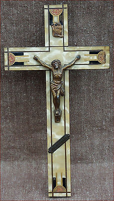 French Art Deco Crucifix Spelter Bronze Christ Celluloid Brass Inlayed 1935