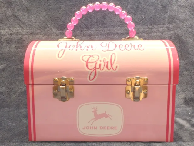 Pink Licensed "JOHN DEERE GIRL" Tin Lunch Box 10"x4.5"x7" Rare GREAT SHAPE!!