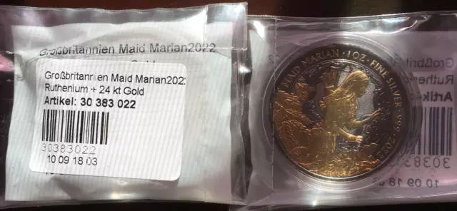 1 oz Silber Britannia Maid Marian 2022 mit 24 Karat Goldapl.  30 313 022