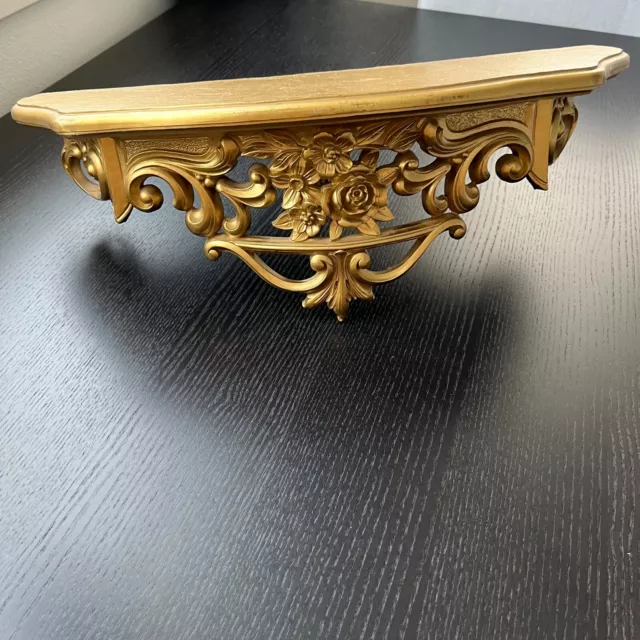 Vintage Syroco Gold Wall Shelf w/detailed flowers Made in USA 19"x8"x6.5"
