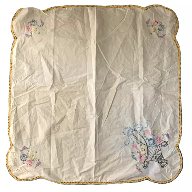 Vintage Hand Embroidered Tablecloth 32 x 30 Square Yellow Floral Crochet Lace