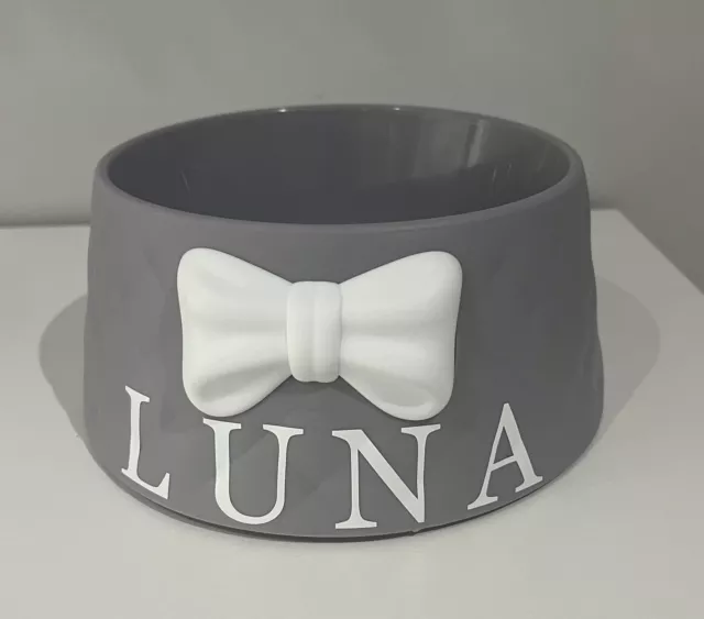 Grey Dog/Cat Bowl with bow design - Personalised with name
