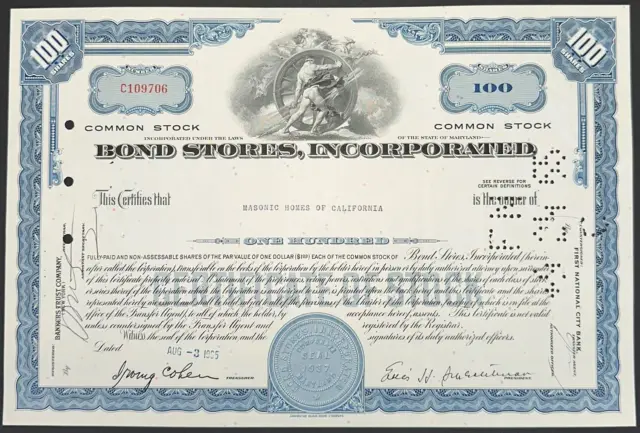 USA Bond Stores Share Certificate iss. Masonic Homes of California