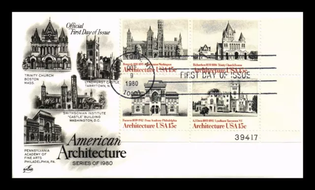 Dr Jim Stamps Us Cover American Architecture Fdc Plate Block Artcraft Cachet