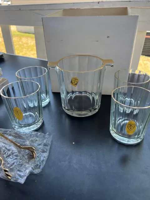 Vintage TIFFIN Gold Banded Whiskey Glasses and ice pail set