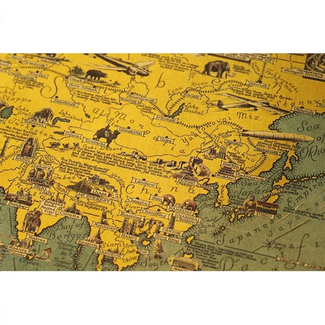 Vintage World Map Great Building Poster Home Decor Retro Kraft Paper Sticker
