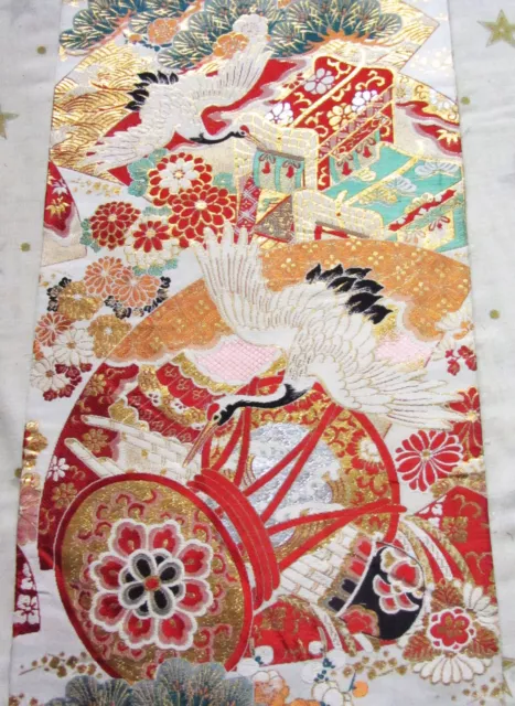 Vintage Japanese Kimono Wedding Obi Silk Blend Piece Bird Fan Drum Crane Flowers