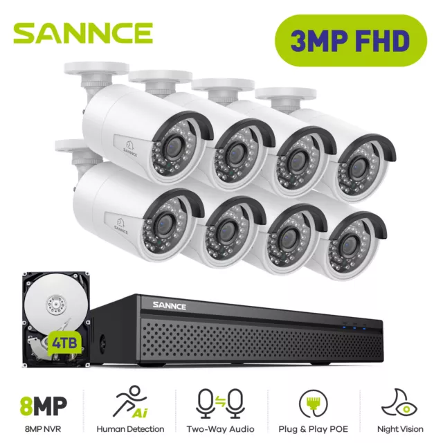 SANNCE 4K 8MP 8CH NVR 3MP 2 Way Audio POE Security Camera System Human Detection