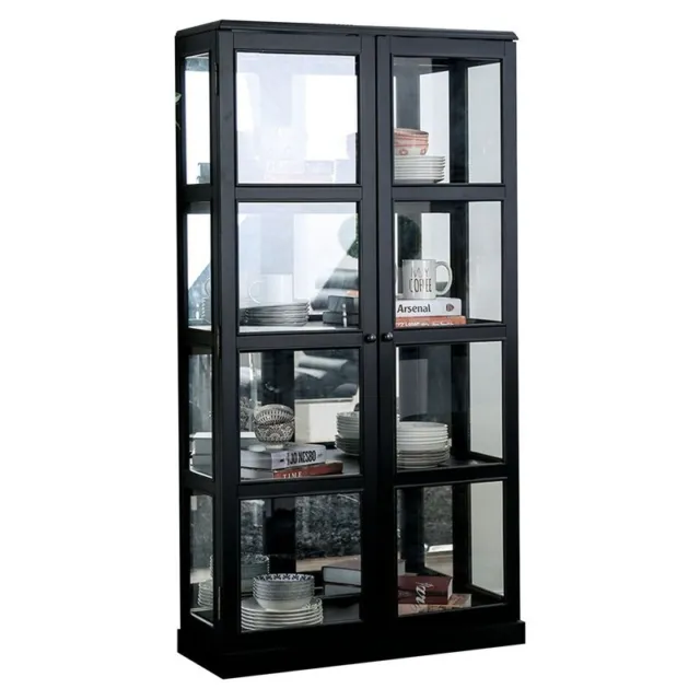 Benjara 13.75" Wood Curio Cabinet with 2 Glass Doors and 4 Shelves in Black