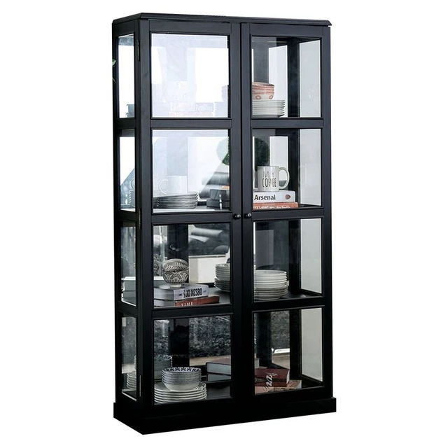 Benjara 13.75" Wood Curio Cabinet with 2 Glass Doors and 4 Shelves in Black Benjara 13.75" Wood Curio Cabinet with 2 Glass Doors and 4 Shelves in Black