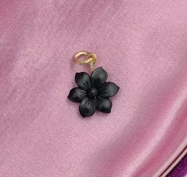 Pansy Flower Pendant Black Jet Charm 10 Karat Gold Victorian Art Nouveau