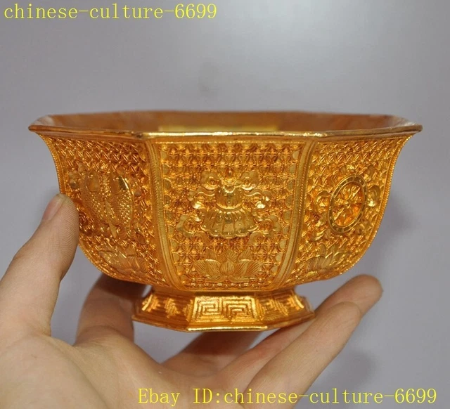 4.8" China bronze gilt lucky Eight treasures statue Dynasty palace  Tea cup Bowl