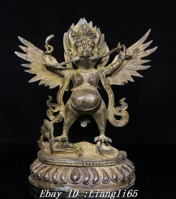 11''Tibet Bronze Gilt Redpoll Geflügelt Garuda Vogel Vögel Adler Buddha Statue