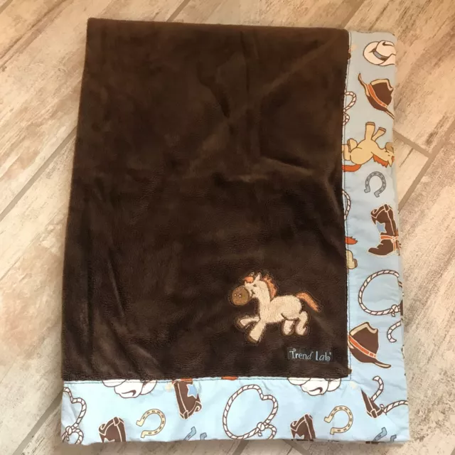 Trend Lab Brown Blue Baby Blanket Cowboy Boots Hat Horse Trim Horseshoe Lovey