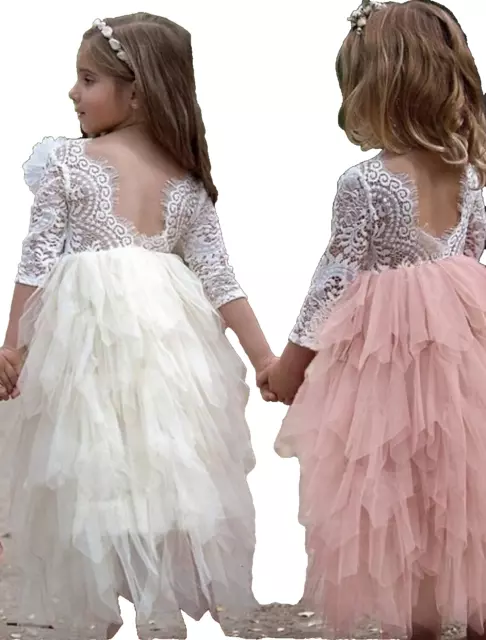 Robe en Dentelle Tulle Été Princesse Mariage Fillette 3 À 8 Ans Blanc Rose Tutu