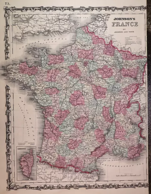Authentic Antique 1863 Johnson Atlas Map ~ FRANCE ~ (14x18) -#1432