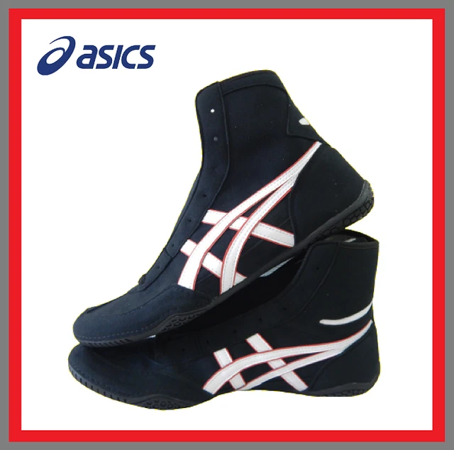 red and black asics wrestling shoes