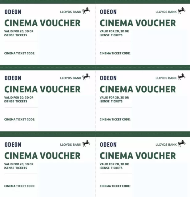 6 x Club Lloyds Odeon Cinema Tickets for iSense 2D 3D Films - Expire 1 Mar 2024