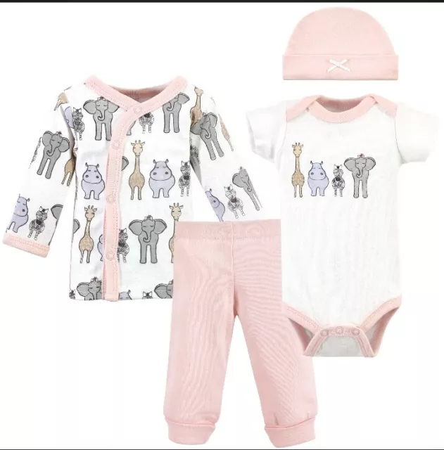 Neuf avec étiquettes ensemble de layettes Preemie fille coton blanc/rose Safari 4 pièces touché par HB. 3