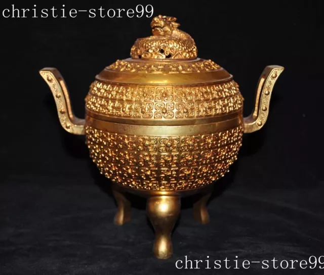 China bronze 24k gold Gilt Feng Shui Lucky Dragon loong Incense burner Censer