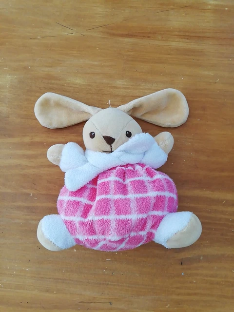 Doudou Peluche Nounours Lapin Boule Marron Beige Blanc Vichy Rose Écharpe