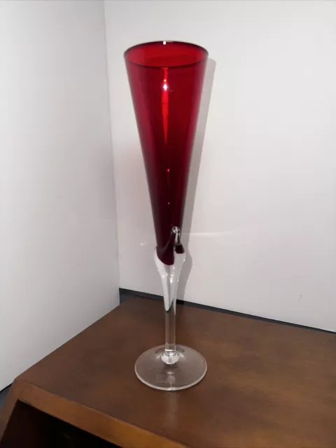 SINGLE GLASS ~ Bohemian/ Czech Ruby Red Crystal Tall Champagne Flute 11" Tall