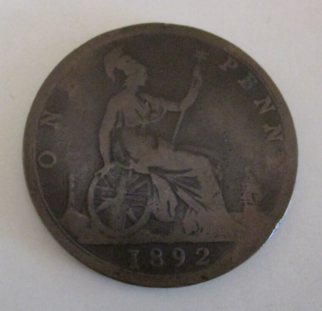 1892 - Great Britain/UK One Penny Coin - Britannia & Queen Victoria - Circulated