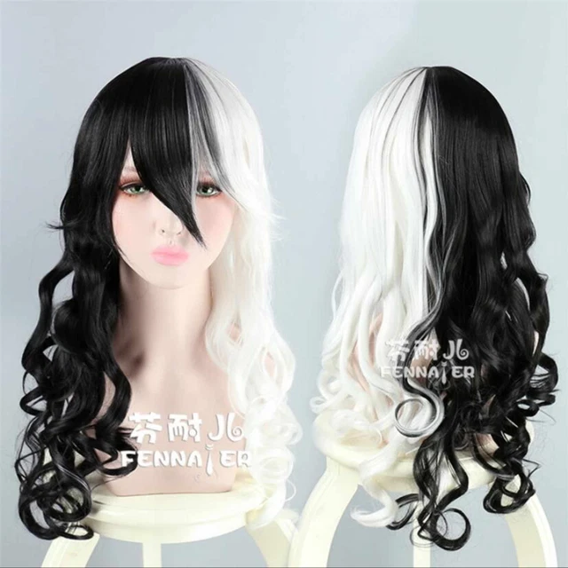 Mix black white long curly hair tilted frisette cosplay wig Harajuku washable