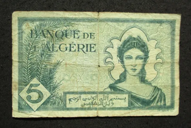 Old 5 Francs 1942 Banknote Of Algeria (French Colony) World War Ii Woman