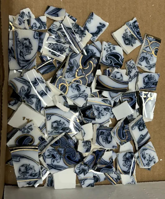 Antique Broken China Plate Mosaic Tiles Flow Blue White IRIS Art Nouveau 75+  #2