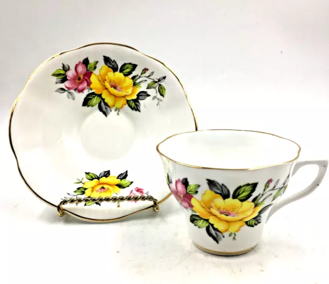 Vintage Hamilton Bone China Cup & Saucer - Yellow & Pink Wild Roses ~ Gold Rim 3