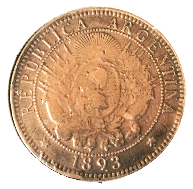 Republica Of Argentina Dos Centavos Coin ( Dated 1893 ) Ex/Fair Condition Mh790
