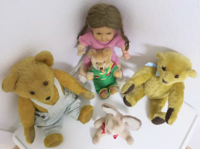 Altes Spielzeug Konvolut - Alte Teddybär Sammlung + 1 alte Puppe + 1 alten Hasen