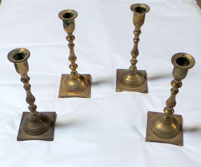 4 Square Base Brass Candlesticks Candle Holders mid 20th Century