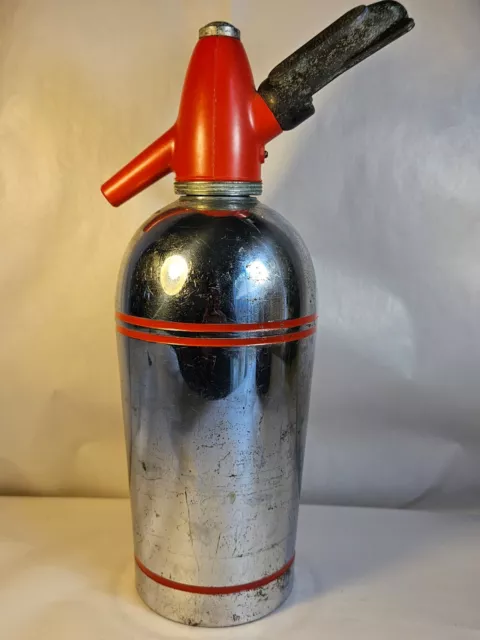 Vintage Sparklets Syphon Seltzer Bottle Soda Water Red Line Chrome MCM