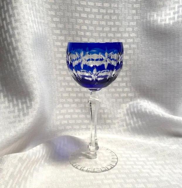Bohemian Wine Glass 7 5/8" Cobalt Blue Cased Cut To Clear Crystal