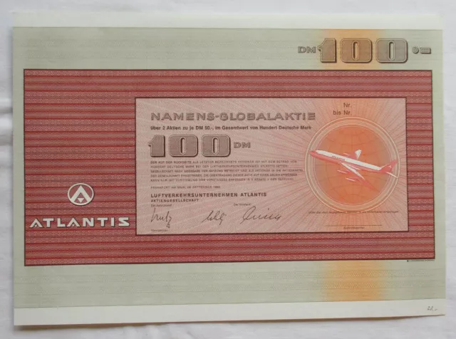 100 DM Aktie Luftverkehrsunternehmen Atlantis AG Frankfurt am Main 1969 (142301)