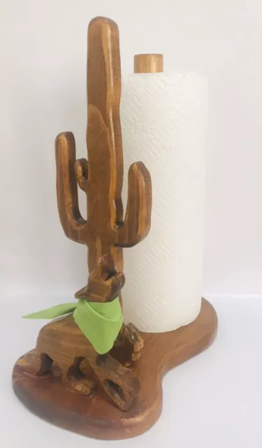 Cactus Coyote Hand Carved Wood Southwestern Paper Towel Holder Western Decor
